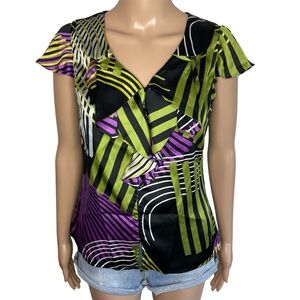 Worthington Green & Purple V-Neck Silky Ruffled Short Sleeve Button Down Blouse